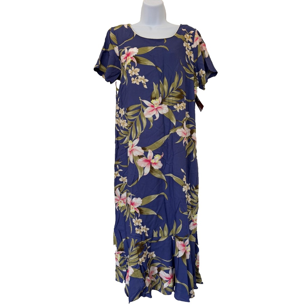 Two Palms Pali Midi Dress Large Orchid Blue Hawaiian Muumuu Luau Island Resort
